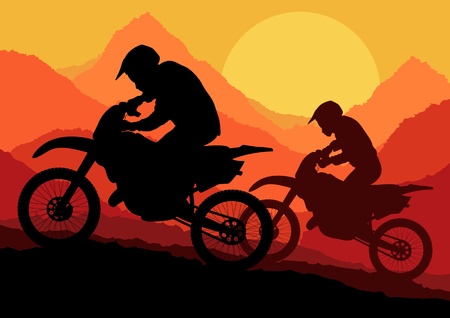 Motorbike riders motorcycle silhouettes in wild mountain landscape background illustration vectorのイラスト素材