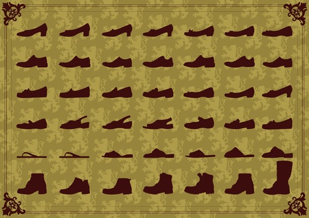 Vintage man and women shoes silhouette collection background illustration のイラスト素材