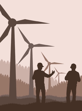 Wind generators and engineers in front of them vector backgroundのイラスト素材