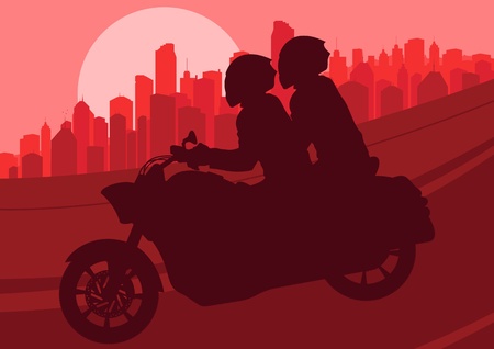Motorbike riders motorcycle silhouettes in skyscraper city landscape background illustration vectorのイラスト素材
