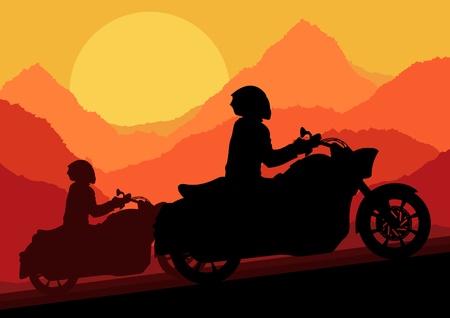 Motorbike riders motorcycle silhouettes in wild mountain landscape background illustration vectorのイラスト素材
