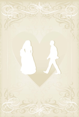 Wedding card with man and women in vintage heart vector backgroundのイラスト素材