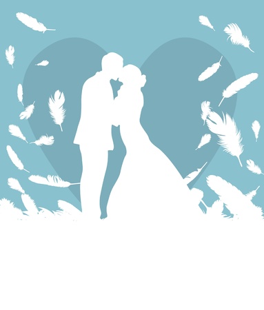 Wedding card with man and women in heaven made of falling feathers vector backgroundのイラスト素材