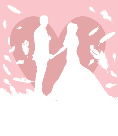 Wedding card with man and women in heaven made of falling feathers vector backgroundのイラスト素材
