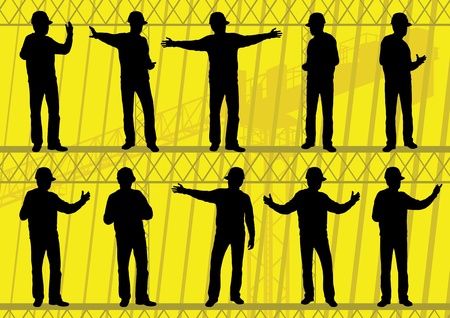 Engineers and builders silhouettes collection in construction site background illustration vectorのイラスト素材