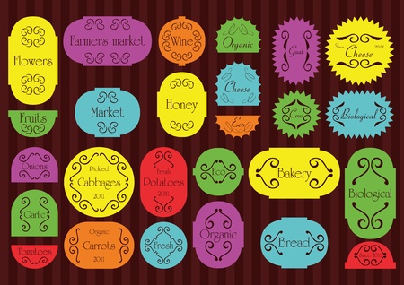 Colorful organic farmers market food labels frames and elements illustration collection background vectorのイラスト素材