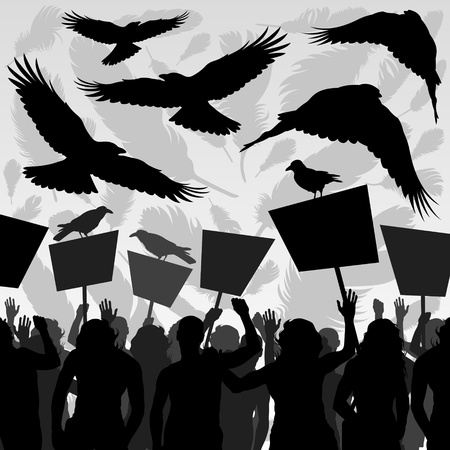 Crows flying over protesters crowd landscape background illustration vectorのイラスト素材