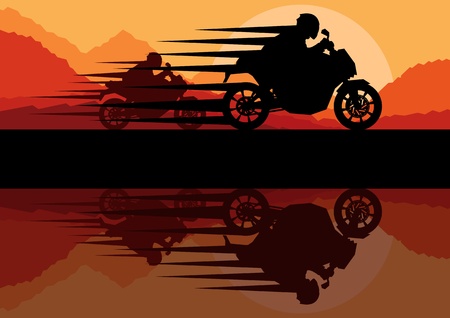 Sport motorbike riders motorcycle silhouettes reflection in wild mountain landscape background illustration vectorのイラスト素材
