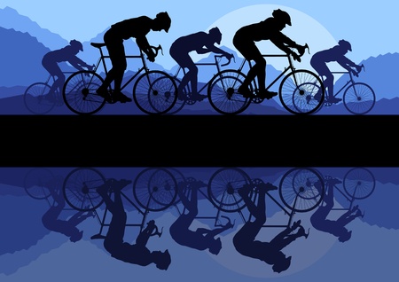 Mountain bike bicycle riders in wild mountain nature landscape background illustration のイラスト素材