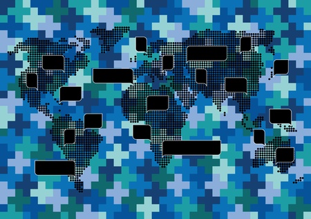 World map knitted mosaic with colorful speech bubbles illustration background vectorのイラスト素材