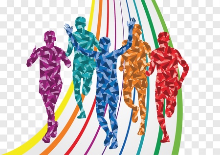 Marathon runners in colorful rainbow landscape background illustrationのイラスト素材