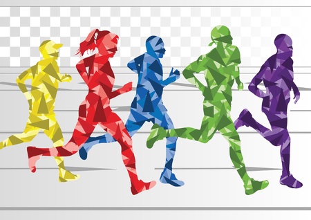 Marathon runners in colorful rainbow landscape background illustrationのイラスト素材