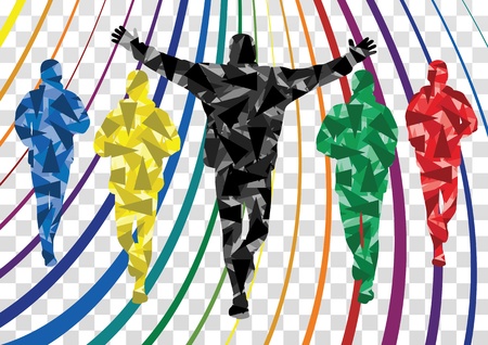 Marathon runners in colorful rainbow landscape background illustrationのイラスト素材