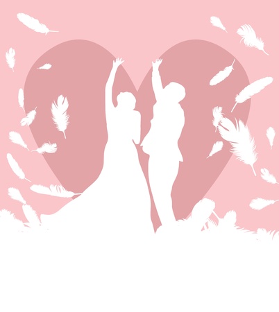 Wedding card with man and women in heaven made of falling feathers vector backgroundのイラスト素材