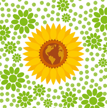 Sunflower vector concept adn world map into center backgroundのイラスト素材