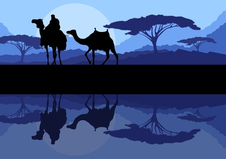 Camel caravan in wild mountain nature landscape background illustration vectorのイラスト素材