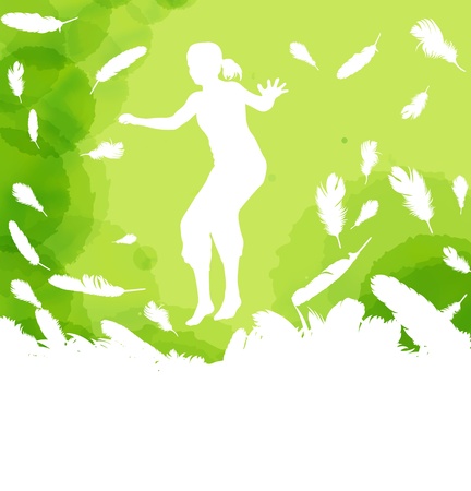Kid jumping in feathers vector fresh background with copy space for textのイラスト素材