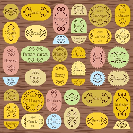 Colorful organic farmers market food labels frames and elements illustration collection background vectorのイラスト素材