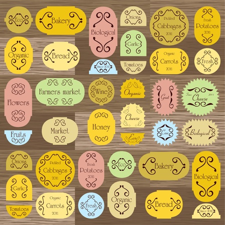 Colorful organic farmers market food labels frames and elements illustration collection background vectorのイラスト素材