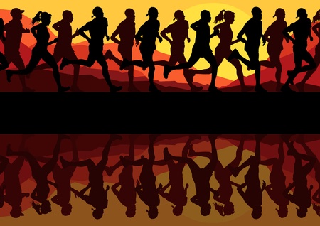 Marathon runners in wild nature mountain landscape background illustration vectorのイラスト素材