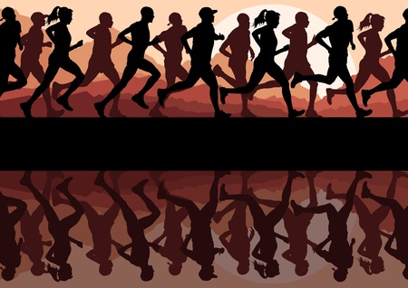 Marathon runners in wild nature mountain landscape background illustration vectorのイラスト素材