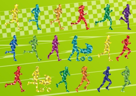 Marathon runners colorful silhouettes in green landscape background illustrationのイラスト素材