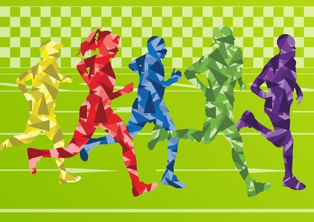 Marathon runners colorful silhouettes in green landscape background illustrationのイラスト素材