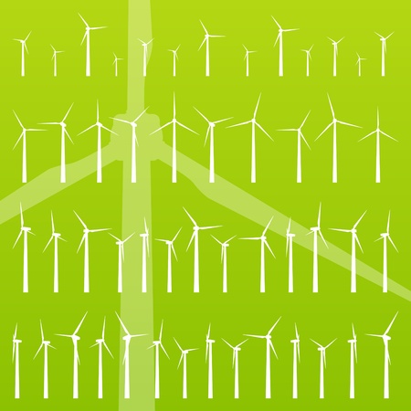 Wind electricity generators and windmills detailed editable ecology silhouettes illustration collection background vectorのイラスト素材