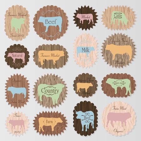 Farm animals market egg and meat labels food illustration collection on wood texture backgroundのイラスト素材