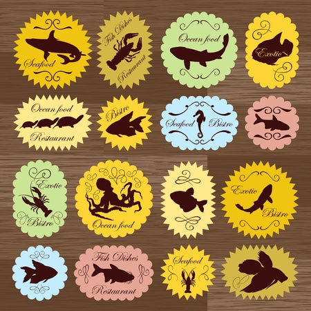 Vintage seafood labels illustration collection background のイラスト素材