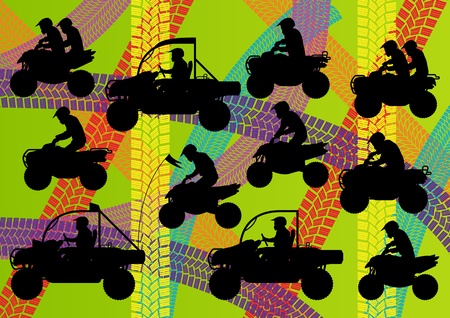 All terrain vehicle quad motorbikes riders illustration collection on colorful summer tire track backgroundのイラスト素材