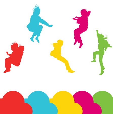 Girls, kids jumping vector silhouette set background for posterのイラスト素材