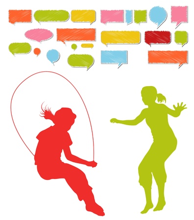 Girls, kids jumping vector silhouette set background for posterのイラスト素材