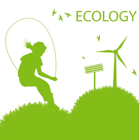 Ecology planet and elements background vector concept- wind alternative energy and girl playing in grassのイラスト素材