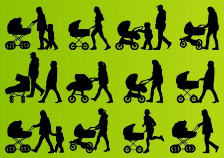 Young family baby pram and carriage detailed silhouettes illustration collection background vectorのイラスト素材