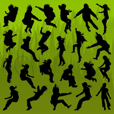 Jumping children girl and boy detailed silhouettes illustration collection background vectorのイラスト素材