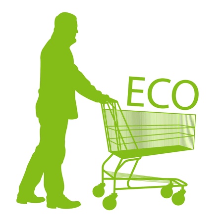 Green ecology food shopping cart concept with man vector backgroundのイラスト素材