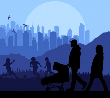 Family and baby stroller vector background in front of cityのイラスト素材