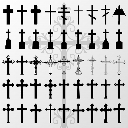 Vintage old cemetery crosses and graveyard cross silhouettes detailed illustration collection background vectorのイラスト素材