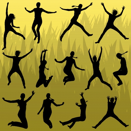 Young woman illustration collection silhouettes jumping in the summer air background vectorのイラスト素材