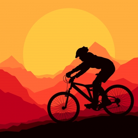 Mountain bike rider in wild mountain nature landscape background illustration vectorのイラスト素材