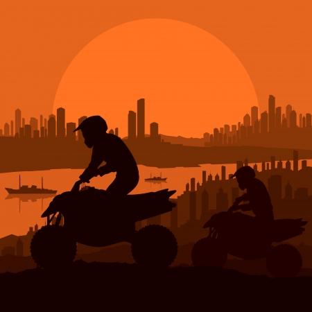 All terrain vehicle motorbike riders in skyscraper city landscape background illustration vectorのイラスト素材