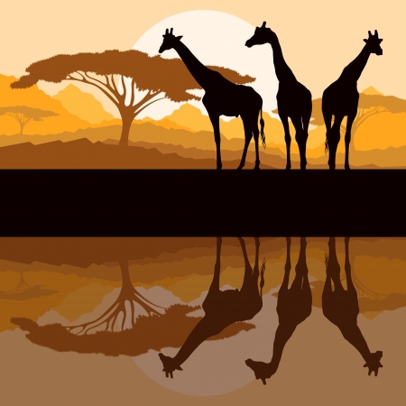 Giraffe family silhouettes in Africa wild nature mountain landscape background illustration vectorのイラスト素材