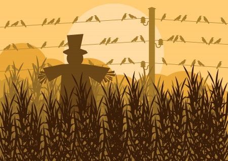Scarecrow in corn field autumn countryside landscape background illustrationのイラスト素材