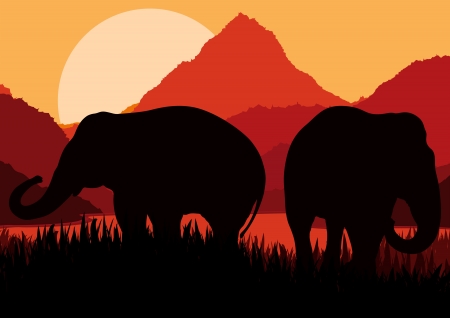 Elephant family in wild Africa mountain nature landscape background illustration vectorのイラスト素材