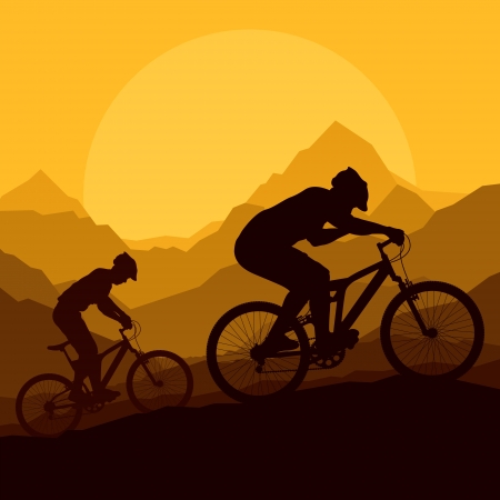 Mountain bike riders in wild mountain nature landscape background illustration vectorのイラスト素材