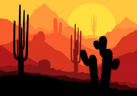 Cactus plants in Mexico desert sunset vector backgroundのイラスト素材