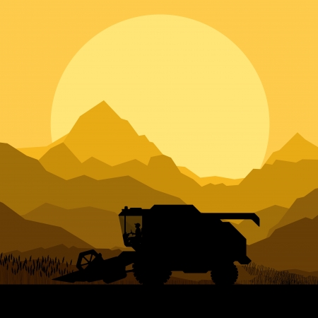 Combine harvesting crop in grain fields background vector illustrationのイラスト素材