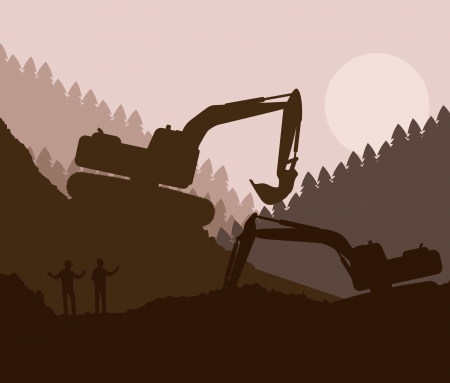 Excavator loader at construction site with raised bucket vector backgroundのイラスト素材