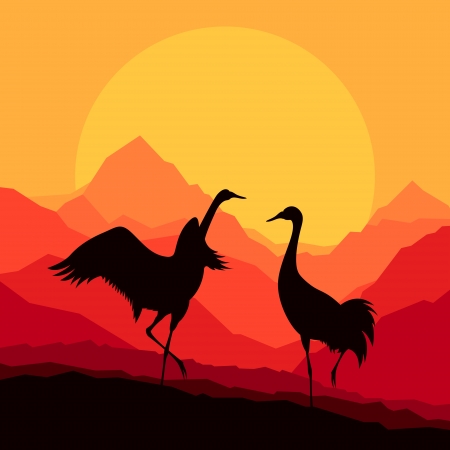 Crane flying in wild mountain nature landscape backgroundのイラスト素材